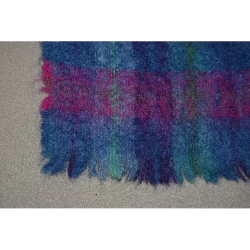 John Hanly Scarf Mohair Wool Blend Blue Purple Fringe Ireland Plaid Vintage